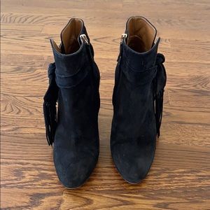 Aquazzura Black Suede Fringe Chunky Heel Bootie 37